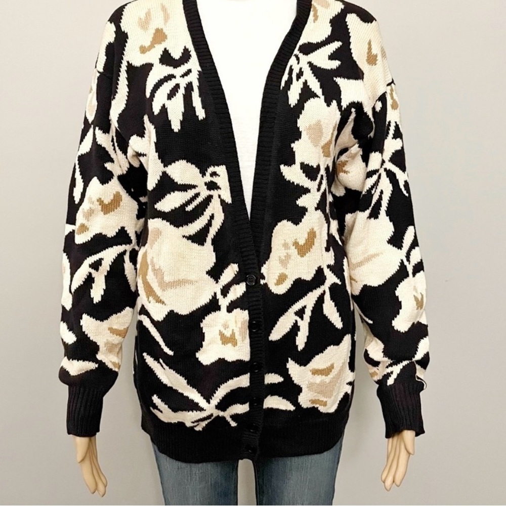 Black and Cream Floral Knit Cardigan